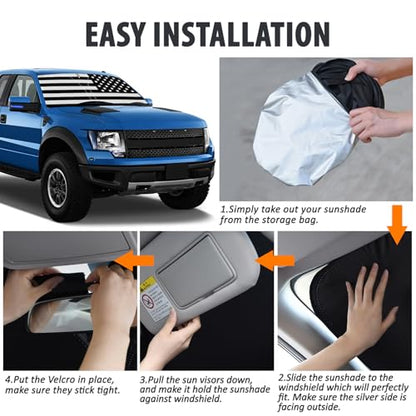 D-Lumina Windshield Sun Shade for 2009-2014 Fo'rd F150 Accessories, Front Window Sunshade American Flag Sun Visor Protector Sun Shield Blocks UV Rays Heat, Foldable 2 Layers 210T Material - size: Silver & Black-fit 2009-2014 Ford F150
