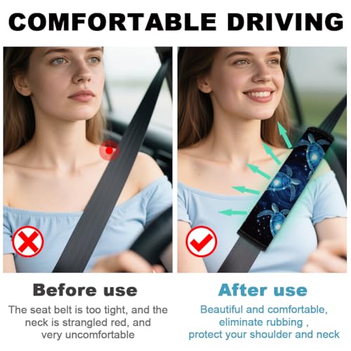2Pcs Soft Auto Seat Belt Cover Pad Neon Galaxy Sea Turtle Print Colorful Car Seatbelt Shoulder Cushion for Comfortable Driving, Compatible with All Cars' Seatbelt and Backpack Straps - color: Turtle