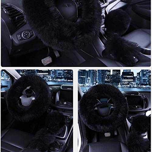 1 Set 3 Pcs Car Steering Wheel Cover & Handbrake Cover & Gear Shift Cover Set Faux Wool Warm Winter (Black-3pcs) - color: Black-3pcs