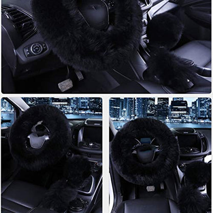 1 Set 3 Pcs Car Steering Wheel Cover & Handbrake Cover & Gear Shift Cover Set Faux Wool Warm Winter (Black-3pcs) - color: Black-3pcs