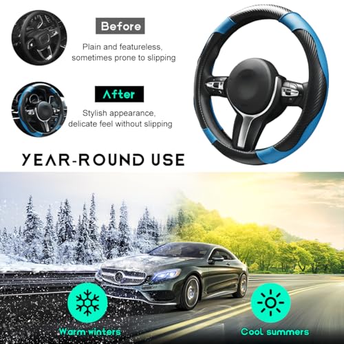 Car Steering Wheel Cover, 15 inch Carbon Fiber Microfiber Leather Elastic Steering Wheel Protector, Breathable Anti-Slip Comfortable Steering Wheel Covers for Most Cars (Black&Blue) - color: Black&Blue