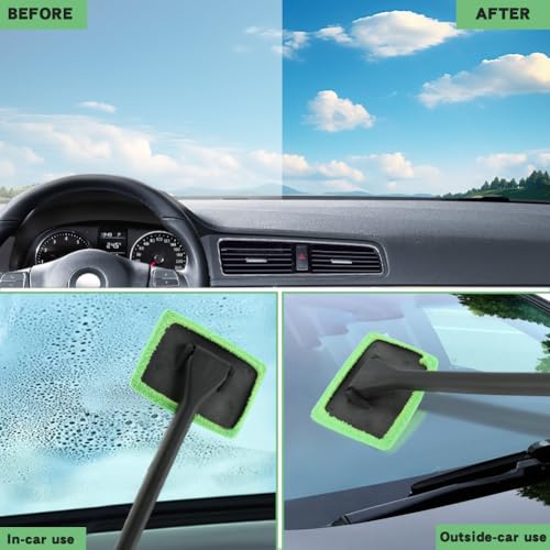 Car Windshield Cleaning Tool, Windshield Cleaner with 5 Reusable Microfiber Pads and Extendable Handle, Auto Glass Wiper Kit for Interior/Exterior Dirty Car Windows(Color:Green)
