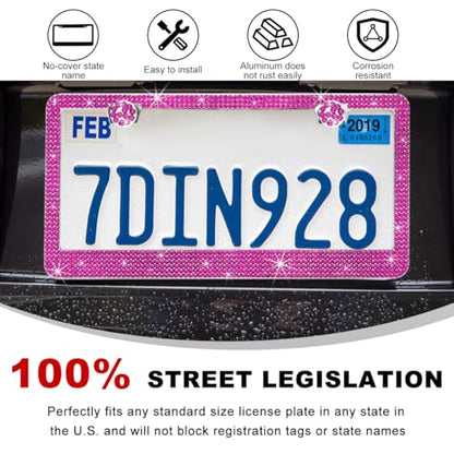 DXNQ 2PCS Bling License Plate Frame, Sparkly Rhinestone Diamond License Plate Cover with Crystal Screws Caps, Glitter Crystal Stainless Steel License Plate Holder for Women (Pink) - color: Pink, 2PCS