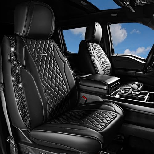 CAR Pass Bling Car Seat Covers, Microfiber Nappa Leather Luxury Cushioned, Waterproof Heavy-Duty Anti-Slip Universal Fit for Auto SUV Sedan, Sparkly Glitter Shining Rhinestone Full Set, Black Diamond - color: Black Diamond, size: Full Set
