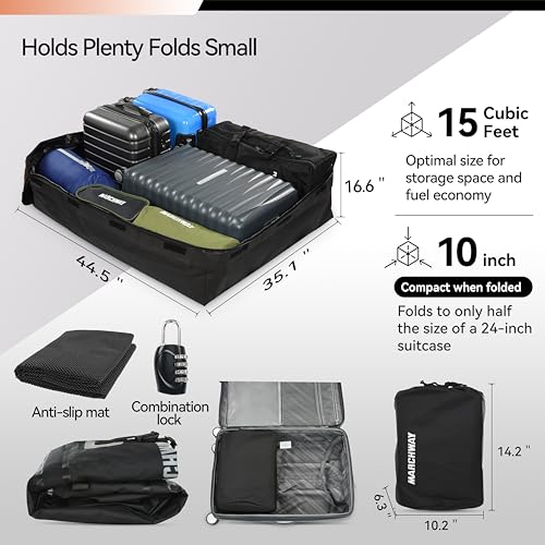 MARCHWAY Waterproof Car Roof Luggage Bag, Weatherproof Soft Shell Rooftop Cargo Carrier Bag for Vehicles with or Without Rack. 6 Door Hooks, Anti Slip Mat, Lock Included (15 Cubic Feet, Orange) - size: 15 Cubic Feet, Orange
