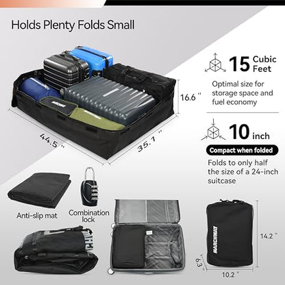 MARCHWAY Waterproof Car Roof Luggage Bag, Weatherproof Soft Shell Rooftop Cargo Carrier Bag for Vehicles with or Without Rack. 6 Door Hooks, Anti Slip Mat, Lock Included (15 Cubic Feet, Orange) - size: 15 Cubic Feet, Orange