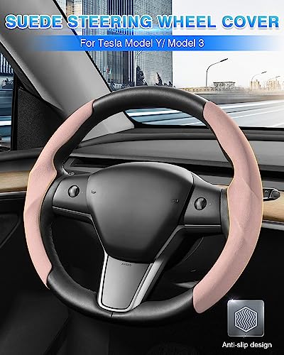 Shademax Custom-Fit for Tesla Steering Wheel Cover, Tesla Model Y / 3 2017-2025 2026 (Fit Model Y Juniper 2026/ Model 3 Highland) Suede Steering Wheel Cover for Tesla Model Y / 3 Accessories (Pink) - color: Pink