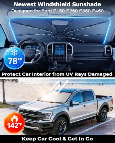 DMJN Umbrella Windshield Sun Shade for Ford F150 F250 F350 F450, Car Sunshade for Front Windshield [Nano Ice-Crystal Coatings] UPF50+ Heat & UV Block, Protect Interior & Keep Cooler - size: For | Ford F150 F250 F350 F450
