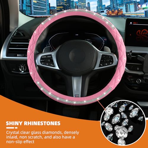 Diamond Steering Wheel Cover，14.5-15 Inch Car Steering Wheel Cover with Bling Crystal Rhinestone，Delicate and Anti-Slip Sparkly Car Wheel Protector for Women Girl，Pink - color: Pink