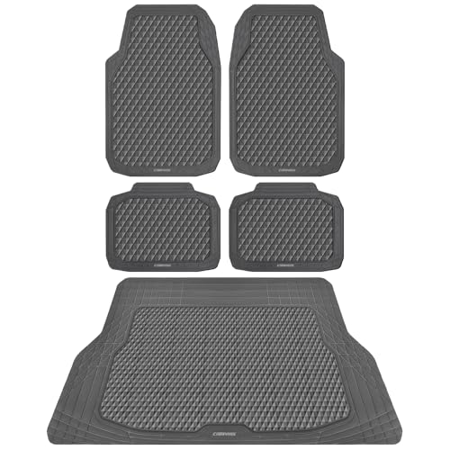 CAR PASS Gray Rubber Car Floor Mats & Cargo Liners, Durable Anti-Slip 3D Rhombus Waterproof Automotive Pad Trim Fit Liner All-Weather Trunk Mats Full Set Universal Fit Auto Van Sedan SUV Truck Gray - color: Gray With Cargo Liners