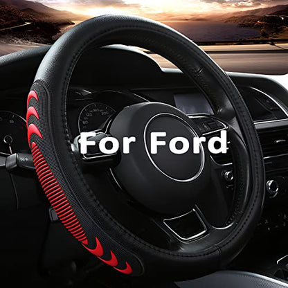Yangday Leather Steering Wheel Cover for Ford F150 F250 F350, 15.5-16 inches Car Steering Wheel Cover with Anti-Slip Massage Particle (Red) - color: Red