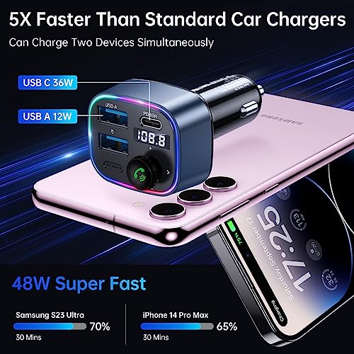 SYNCWIRE Bluetooth 5.3 FM Transmitter Car Adapter 38W [Light Switch] [HiFi Bass Sound] [Fast Charging] Wireless Radio Music Adapter LED Display Hands-Free Calling Support USB Drive - color: Dark Blue, style: 38W