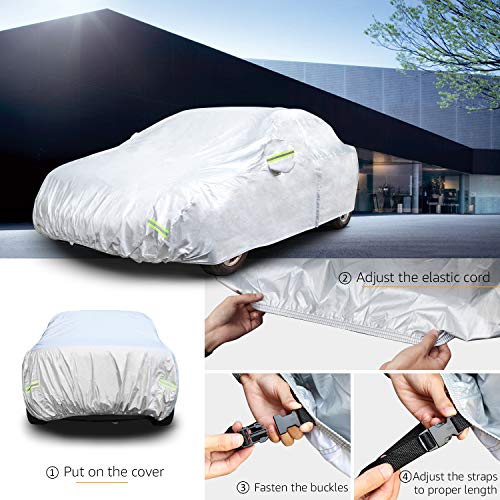 Amazon Basics Silver Weatherproof Car Cover, 150D Oxford, UV Protection, Snowproof, Dustproof for Sedans up to 190", with Reflective Strips and Straps - size: Sedans up to 190"