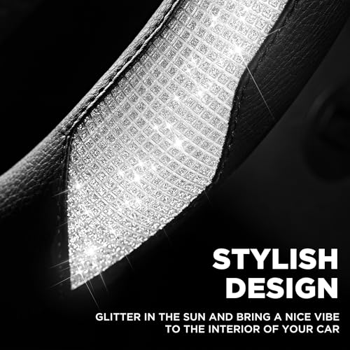 PIC AUTO Steering Wheel Cover, Sparkly Crystal Bling Glitter with Black Leather, Universal Fit 14.5"-15.5" Car Steering Wheels for Girls & Women, Breathable Anti-Slip Steering Wheels Cover - color: Black