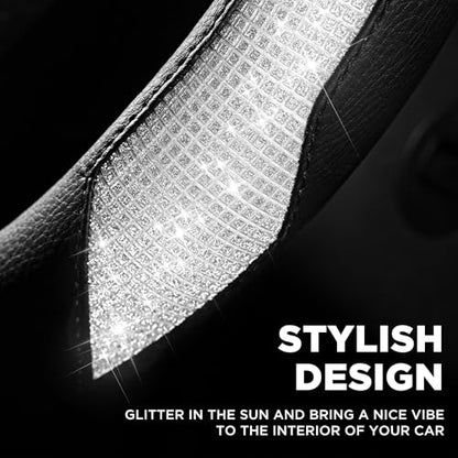 PIC AUTO Steering Wheel Cover, Sparkly Crystal Bling Glitter with Black Leather, Universal Fit 14.5"-15.5" Car Steering Wheels for Girls & Women, Breathable Anti-Slip Steering Wheels Cover - color: Black