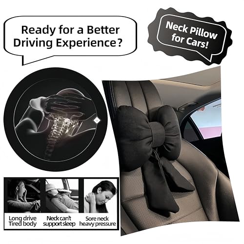 Car Seat Neck Pillow Elegant Bow Car Headrest Pillow Set - Cotton Linen Neck Cushion Universal Fit for Women Comes with 2 Seat Belt Covers (Black Set 4Pcs) - color: Black Set 4pcs