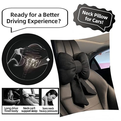 Car Seat Neck Pillow Elegant Bow Car Headrest Pillow Set - Cotton Linen Neck Cushion Universal Fit for Women Comes with 2 Seat Belt Covers (Black Set 4Pcs) - color: Black Set 4pcs