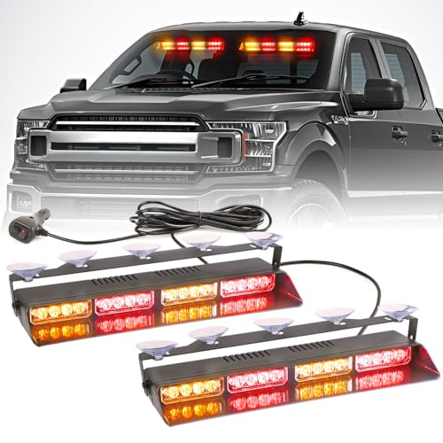 2 in 1 LED Emergency Dash Strobe Light Bar Front/Rear Windshield Safety Flashing Warning Hazard Interior Lights for Police Firefighter Construction Vehicles Trucks (2x14 inch, Amber/Red) - color: #11 Amber/Red