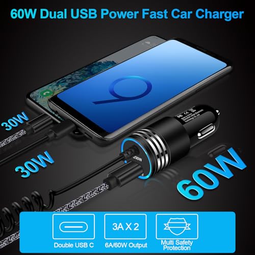 for iPhone 17e 17 Car Charger, 60W USB C Fast Car Adapter with 3FT Built-in Coiled USB C Fast Charging Cable for iPhone 17e 17 Pro Max 17 Pro Air 16e 16 Pro Max 16 Plus 15,Samsung Galaxy S26 A17 A56 - style: Coiled Cable