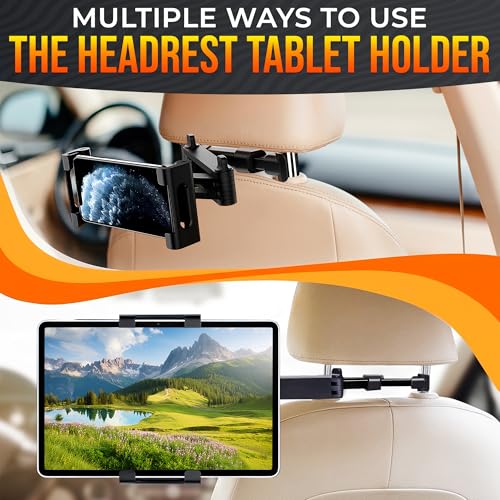 Car Headrest Tablet Holder for 5.5"-11" Devices - Tablet Headrest Mount with 360° Rotation & Charging Port Access - Quick Install & Adjustable Car Tablet Holder Сompatible with Smartphones and Tablets
