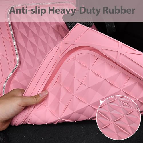 CAR PASS Bling Diamond Rubber Car Mats, Heavy Duty Deep Dish All-Weather Floor Mat Full Set Anti-Slip 3D Rhombus Waterproof Trim Fit Liner Universal Glitter Sparkly Shining Rhinestone, Pink Rubber - color: Pink Diamond