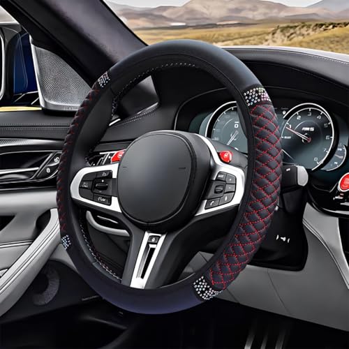 ZIMISI Bling Soft Leather Steering Wheel Cover, 15" Anti-Slip Sparkly Crystal Auto Elastic Steering Wheel Protector for Women Girl, Colorful Diamond Car Interior Accessory for Most Cars (Black/Red) - color: Black/Red