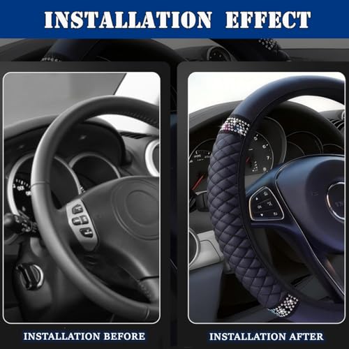 Soft Leather Car Steering Wheel Cover, Universal 15 Inch Colorful Rhinestones Anti-Slip Elastic Steering Wheel Covers for Most Cars, Sparkly Crystal Diamond for Women Girls (Black) - color: Black