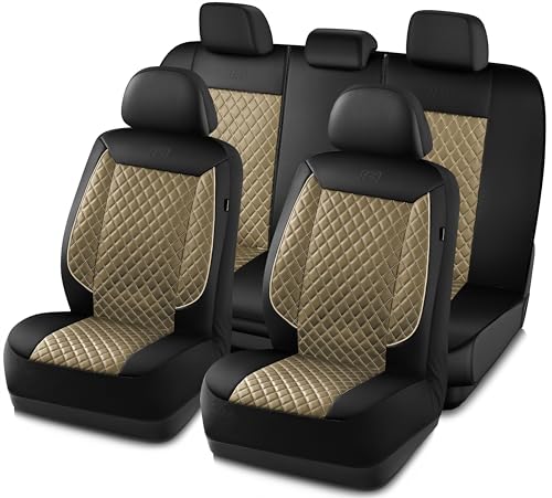 Skechers Car Seat Covers,Piping Luxury Faux Seat Covers,Waterproof Anti Slip Car Seat Protector Full Set,Car Accessories Airbag Universal Fit for Most Cars,Vans,Trucks,SUV,Beige - color: Black and Beige, size: Full Set