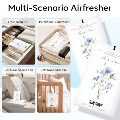 MYARO 12 Pack Fresh Linen Scented Sachets for Drawer, Closet & Car Air Freshener Bags | Odor Eliminator & Fabric Refresher | Crisp, Clean Home Fragrance Gift Set - color: Linen