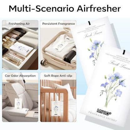 MYARO 12 Pack Fresh Linen Scented Sachets for Drawer, Closet & Car Air Freshener Bags | Odor Eliminator & Fabric Refresher | Crisp, Clean Home Fragrance Gift Set - color: Linen