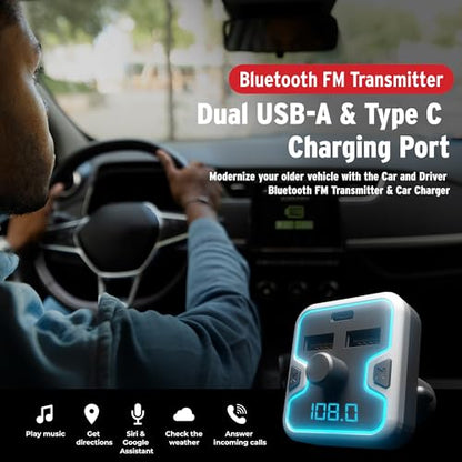 Car and Driver Bluetooth 5.0 FM Transmitter Car Charger, USB-C PD Fast Charging Adapter, Dual USB Car Lighter Plug with Hands Free Calls, Music Streaming for iPhone Android Alexa Siri Google