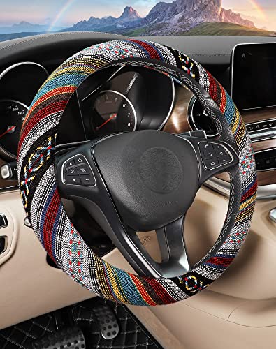 SEG Direct Boho Steering Wheel Cover with Baja Blanket Cloth, Ethnic Style Auto Wheel Cover Made of Coarse Flax, Fits 14 1/2-15 1/4 inches Car Wheel - color: Spinning Rainbow