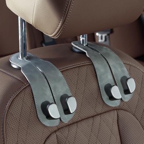 CoBak Headrest Hooks for Car - Universal Premium Stitched Leather and Aluminum-Magnesium Alloy Double Car Seat Back Storage Hook for Purses, Handbags, Bags (2 Pack),Gray - color: Gray, size: Double-Hooks