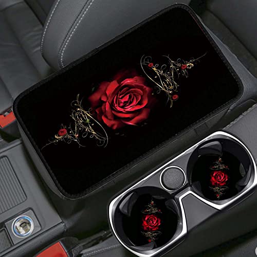 Auto Center Console Cover Pad+ 2 Coasters, Stylish Pattern Soft Car Armrest Cover Auto Center Console Pad, Car Decorative Accessory Universal Fit for Most Car/SUV/Truck, Red Rose - color: Red Rose