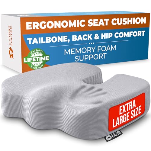 5 STARS UNITED Seat Cushion - Memory Foam Chair Cushion for Tailbone Pain Relief - Ergonomic Support for Coccyx, Sciatica & Butt - Office, Desk & Gaming Chair, Car Seat, Wheelchair, Airplane, L Gray - color: Light Gray Mesh, size: X-Large