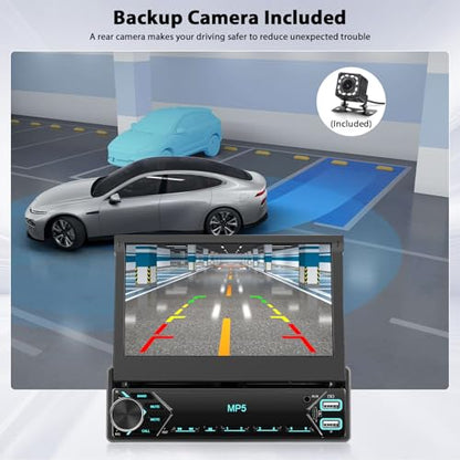 Inefala Single Din Touchscreen Radio 7'' Flip Out Screen Car Stereo with Bluetooth USB Type C Fast Charge Car Audio Receiver Backup Camera SWC FM MIC TF AUX in EQ - style: 7'' No CarPlay Retractable