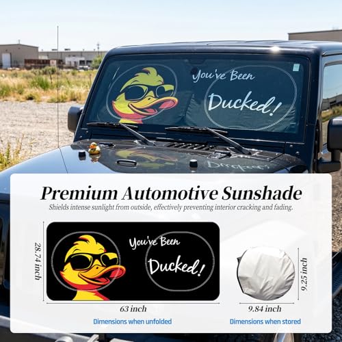 63"x28.5" Car Windshield Sun Shade with Storage Pouch, Stylish Printed Front Window Sunshade with Double Ring Frame, Universal Fit Foldable Heat Blocker & UV Protector for SUV, Sedan (Duck) - color: Duck