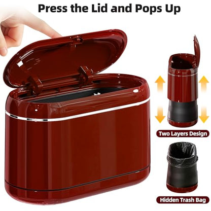 PAVSTINE Mini Trash Can for Desk with 5 Rolls of Trash Bags, Small Press-Top Countertop Garbage Bin, Removable Waste Basket for Bedroom, Vanity, Coffee Table, Kitchen (Red Full-Lid) - color: Red Full-Lid