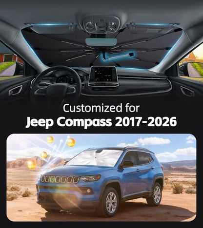 Windshield Sun Shade for Jeep Compass 2017-2026 with 360° Rotating Shaft, Custom Fit Umbrella Sunshade for UV Blocking, Interior Heat Protection, Easy Storage - size: Fit for Jeep Compass 2017-2026