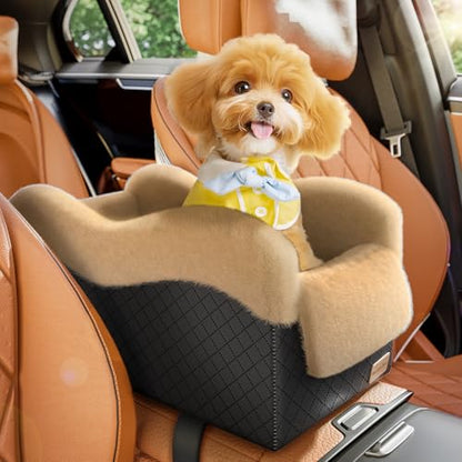 Portable Small Dog Seat for Car, Luxury Center Console Dog Car Seat Booster with Safety Tethers, Anti-Collapse Pet Travel Carseat for SUV, Truck (Black/Brown) - color: Black/Brown