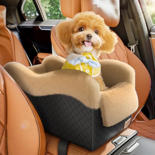 Portable Small Dog Seat for Car, Luxury Center Console Dog Car Seat Booster with Safety Tethers, Anti-Collapse Pet Travel Carseat for SUV, Truck (Black/Brown) - color: Black/Brown