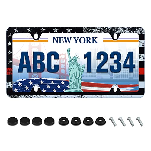 Thin Red Line American Flag License Plate Frame Firefighter License Plate Holder Retro Stainless Steel Auto Parts Decoration with Screws for Men Women License Plate 4 Holes 1pcs - color: Vintage Thin Red Line American Flag, size: 1 Pack