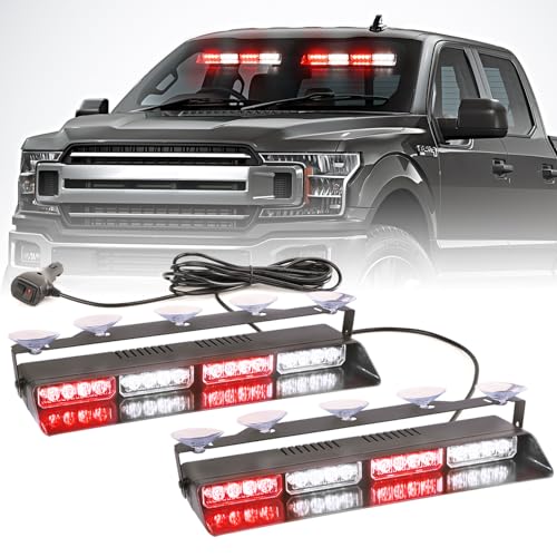 2 in 1 LED Emergency Dash Strobe Light Bar Front/Rear Windshield Safety Flashing Warning Hazard Interior Lights for Police Firefighter Construction Vehicles Trucks (2x14 inch, Red/White) - color: #03 Red/White