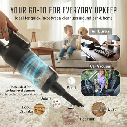 Car Vacuum Portable Cordless, 4-in-1 Mini Car Vacuum with 19500pa Suction & Air Duster, USB-C Charging, Smart Digital Display, Handheld Vacuum with LED Light, Multi Nozzles for Car, Home, Office, Pet