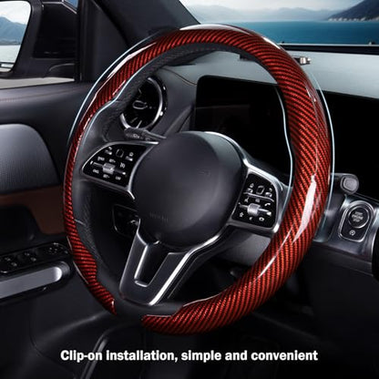 Car Steering Wheel Cover Carbon Fiber Snap On Steering Wheel Accessories Wrap 14.5-15 inch Universal Grip Anti-Skid Protector, Glossy Red - color: Glossy Red