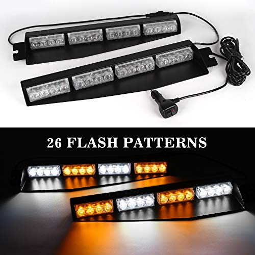 ASPL 32LED Visor Lights 26 Flash Patterns Windshield Emergency Hazard Warning Strobe Beacon Split Mount Deck Dash Lamp With Extend Bracket (Amber/White/Amber/White) - color: Amber/White /Amber/White