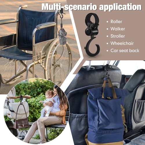 Taiyin 4 Pcs Walker Hook Hanging Multipurpose 360° Rotation Stroller Clip Diaper Bag Hanger for Walker Rollator Crutches Wheelchair Shopping Cart Car Back Seat Purses Bike Wheelchair Pushchair, Black