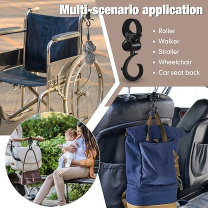 Taiyin 4 Pcs Walker Hook Hanging Multipurpose 360° Rotation Stroller Clip Diaper Bag Hanger for Walker Rollator Crutches Wheelchair Shopping Cart Car Back Seat Purses Bike Wheelchair Pushchair, Black