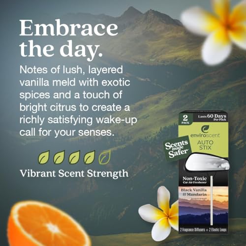 Enviroscent Non-Toxic* Car Air Freshener Auto Stix® - Fragrance Lasts Up to 180 Days - Includes Auto Stix® Diffusers & Elastic Loops - Mother’s Day Gift for Mom - Black Vanilla & Mandarin (Pack of 3) - size: 3 Count (Pack of 2)