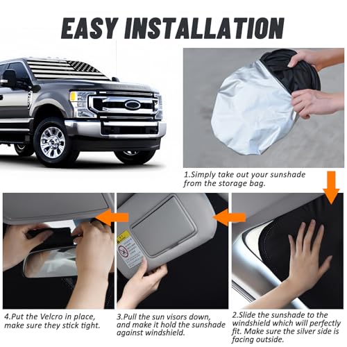 D-Lumina Windshield Sun Shade for 2017-2022 Fo-rd F250 F350 F450 F550 Super Duty 2/4 Door, Front Window Sunshade American Flag Sun Visor Protector Block UV Rays Heat, Foldable 2 Layers 210T Material - size: Silver & Black-Fit 2017-2022 Ford F250 F350